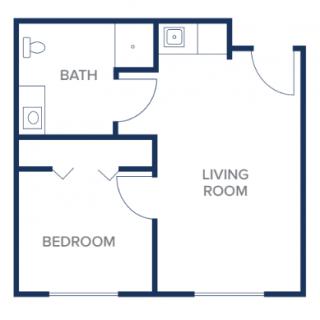 A simple floor plan of a one-bedroom apartment with a living room and bathroom.