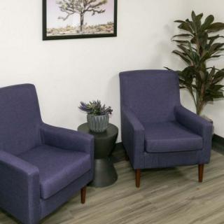 A cozy lounge area with two blue chairs, a small table, a plant, and framed artwork on the wall.