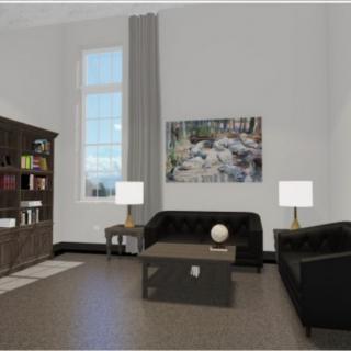 A modern living room featuring a large bookshelf, black sofas, and stylish decor.