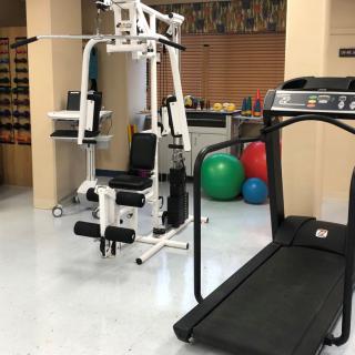 A home gym setup with a treadmill and multi-gym machine alongside exercise balls.