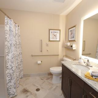 A modern bathroom featuring a shower with a patterned curtain, toilet, and a sink with a large mirror.