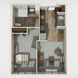 A detailed floor plan of a one-bedroom apartment featuring a living room, kitchen, bathroom, and bedroom.