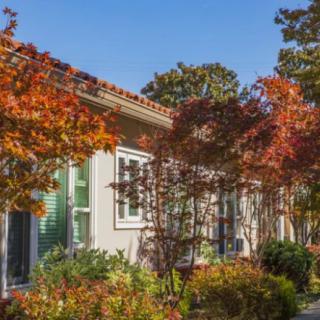 A house surrounded by vibrant autumn foliage and trees.