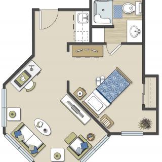 A one-bedroom apartment floor plan with a bathroom, kitchen, and living room.