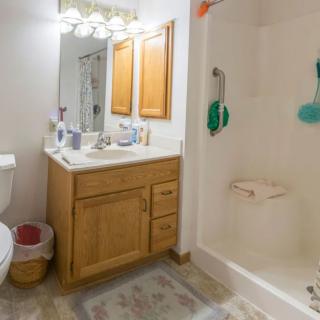 A bathroom featuring a vanity with a mirror, a shower, and a toilet.