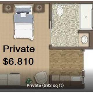 This image shows a floor plan for a private room with an attached bathroom, priced at $6,810 and measuring 293 square feet.