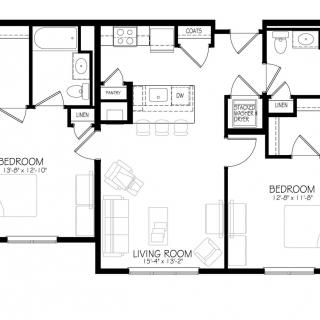 This is a floor plan layout of a two-bedroom apartment, featuring a living room, kitchen, and bathroom.