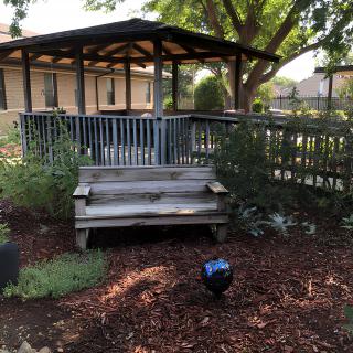 A peaceful garden scene with a wooden bench and gazebo surrounded by plants.