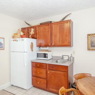 A small kitchenette with wooden cabinets, featuring a fridge, microwave, and sink, adorned with bull horns as decoration.