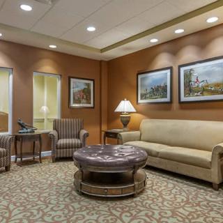 A cozy lobby or waiting room with comfortable seating and warm lighting.