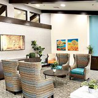 A modern lobby with comfortable seating, indoor plants, and colorful artwork.