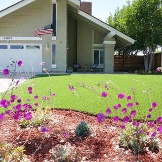 A suburban house with a well-maintained lawn and vibrant flower garden.