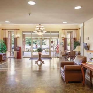 A welcoming lobby area featuring comfortable seating, decorative plants, and ample natural light.