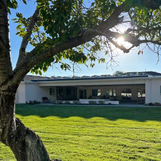 A modern house with a large lawn and a tree in the foreground, illuminated by sunlight.