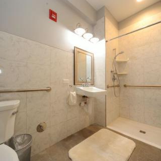 A modern bathroom with a walk-in shower, sink, and toilet.