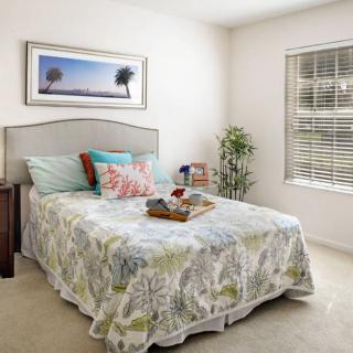 A cozy bedroom with a neatly made bed, colorful pillows, and natural light streaming through the window.