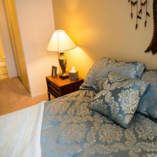 A cozy bedroom featuring patterned bedding and a bedside lamp.