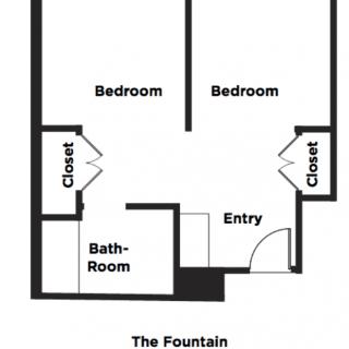 A basic floor plan of an apartment featuring two bedrooms, a bathroom, closets, and an entryway.