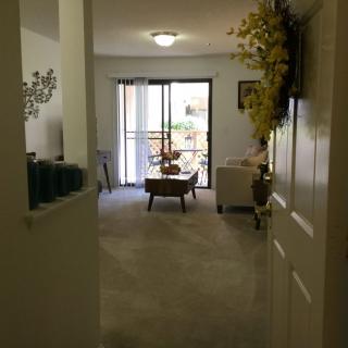 View through a doorway into a cozy living room with furniture and decor.