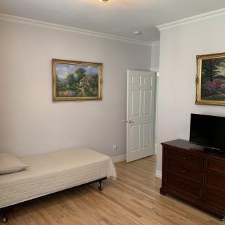 A minimalist bedroom with a single bed, two paintings, a dresser with a TV, and a door.