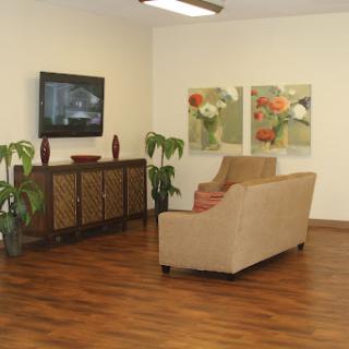 A cozy living room setting featuring a beige sofa, a TV, decorative plants, and vibrant artwork on the walls.