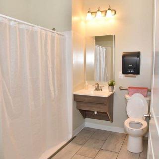 A clean bathroom with a shower curtain, toilet, and sink beneath a mirror.