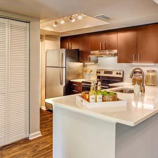 A modern kitchen with stainless steel appliances and a sleek countertop.