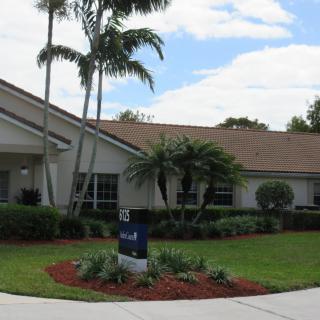 A suburban house with manicured landscaping and palm trees in the front yard.