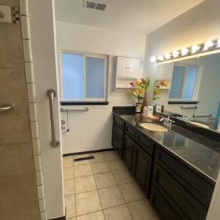A modern bathroom featuring a sleek vanity, ample lighting, and a spacious shower area.