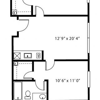 A simple floor plan showing the layout of an apartment with labeled room dimensions.