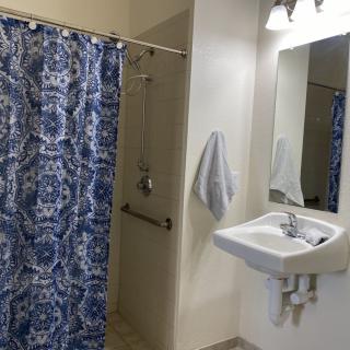A clean bathroom with a blue patterned shower curtain and a white sink under a mirror.