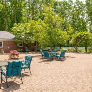 A peaceful outdoor patio area with seating surrounded by trees.