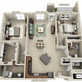 A detailed floor plan of a two-bedroom apartment with an open living space, kitchen, and bathroom.