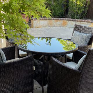 A serene outdoor patio setting with a round table and cushioned chairs surrounded by greenery.