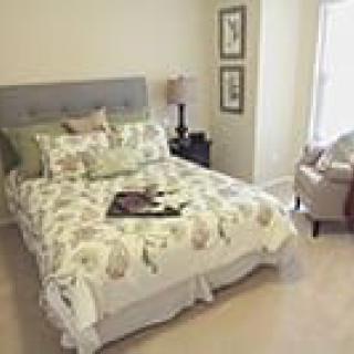 A cozy bedroom featuring a patterned bedspread, bedside lamp, and bright window light.