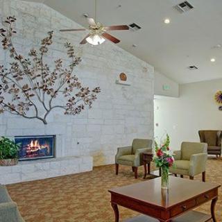 A cozy living room featuring a fireplace with decorative wall art, comfortable seating, and indoor plants.