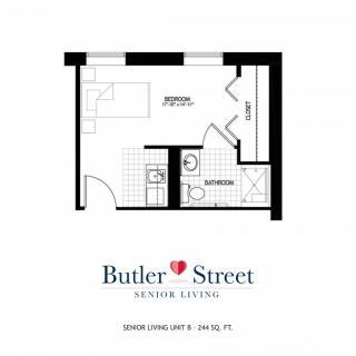 Studio apartment floor plan for Butler Street Senior Living.