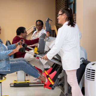 A healthcare professional assists patients during a physical therapy session using exercise equipment.