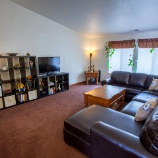 A cozy living room featuring a large sofa, coffee table, bookshelf, and television, with natural light coming through the windows.