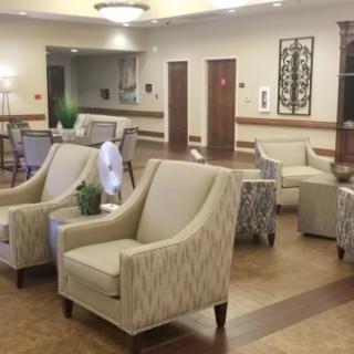 A modern lobby with comfortable seating and elegant decor.
