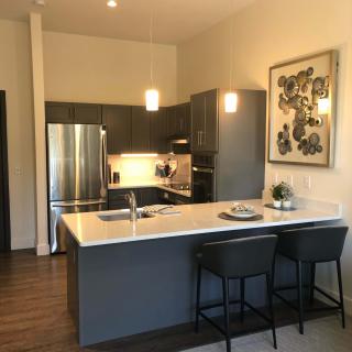 A modern kitchen with stainless steel appliances and bar seating in an apartment.