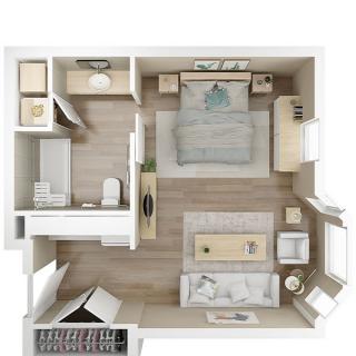 A 3D floor plan of a one-bedroom apartment featuring a bedroom, bathroom, and living area.