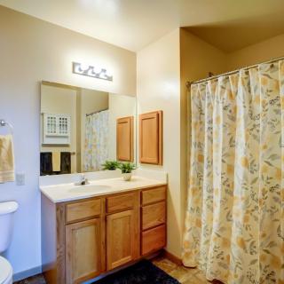 A well-lit bathroom with a sink, mirror, and floral shower curtain.