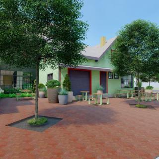 A charming house with a spacious outdoor patio, surrounded by lush trees and potted plants.