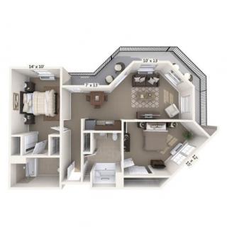 A floor plan of a one-bedroom apartment featuring a living room, kitchen, bathroom, and balcony.