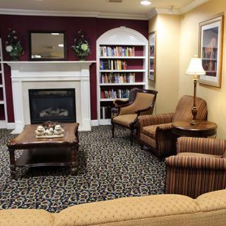 A cozy living room with a fireplace, surrounded by bookshelves and comfortable armchairs.