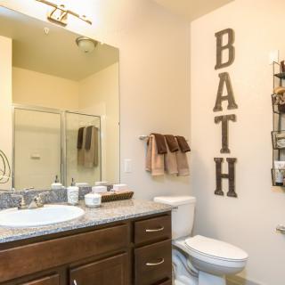 A modern bathroom with a sink, mirror, and shower.