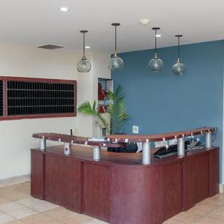A modern reception desk in a lobby with stylish pendant lights.