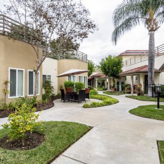 A well-maintained residential courtyard featuring landscaped pathways, palm trees, and outdoor seating.