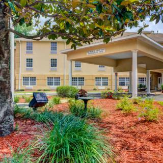 A well-landscaped hotel entrance with greenery and a welcoming atmosphere.
